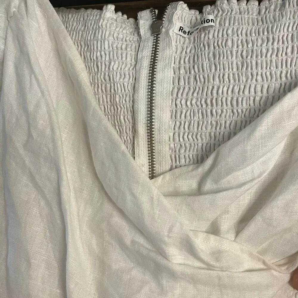 Reformation White Puff Sleeve Smocked Back Top